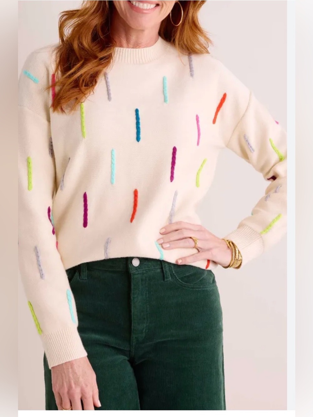 NWOT THML Cream Crewneck Sweater with Multicolor Embroidered Dashes size XS